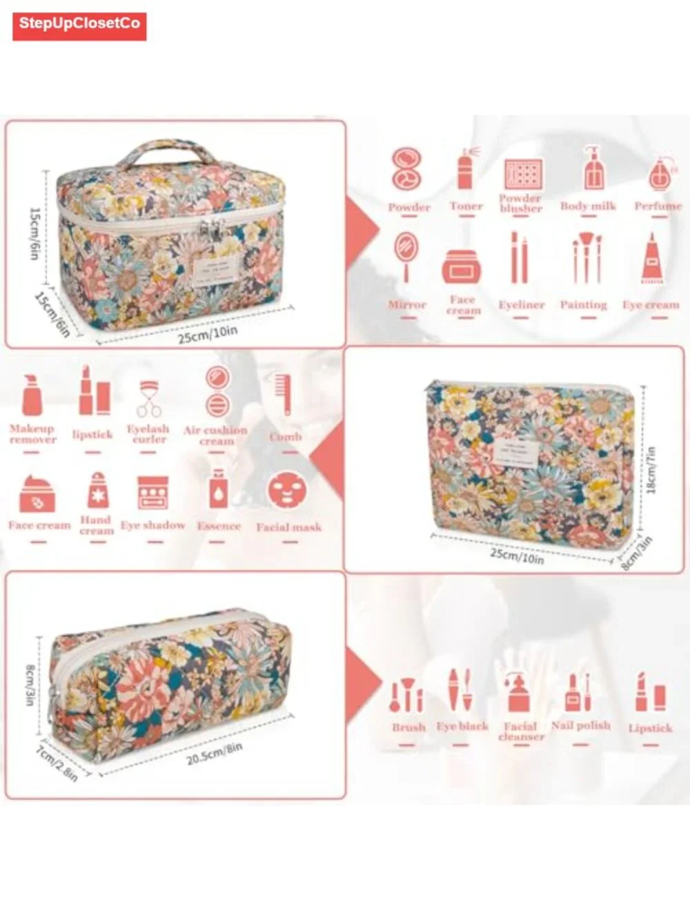 Quilted Floral Makeup Bag Set - 3 Cotton Cosmetic Organizers